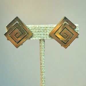 Vintage Signed Geometric MCM Clip On Gold Tone Earrings Modernist